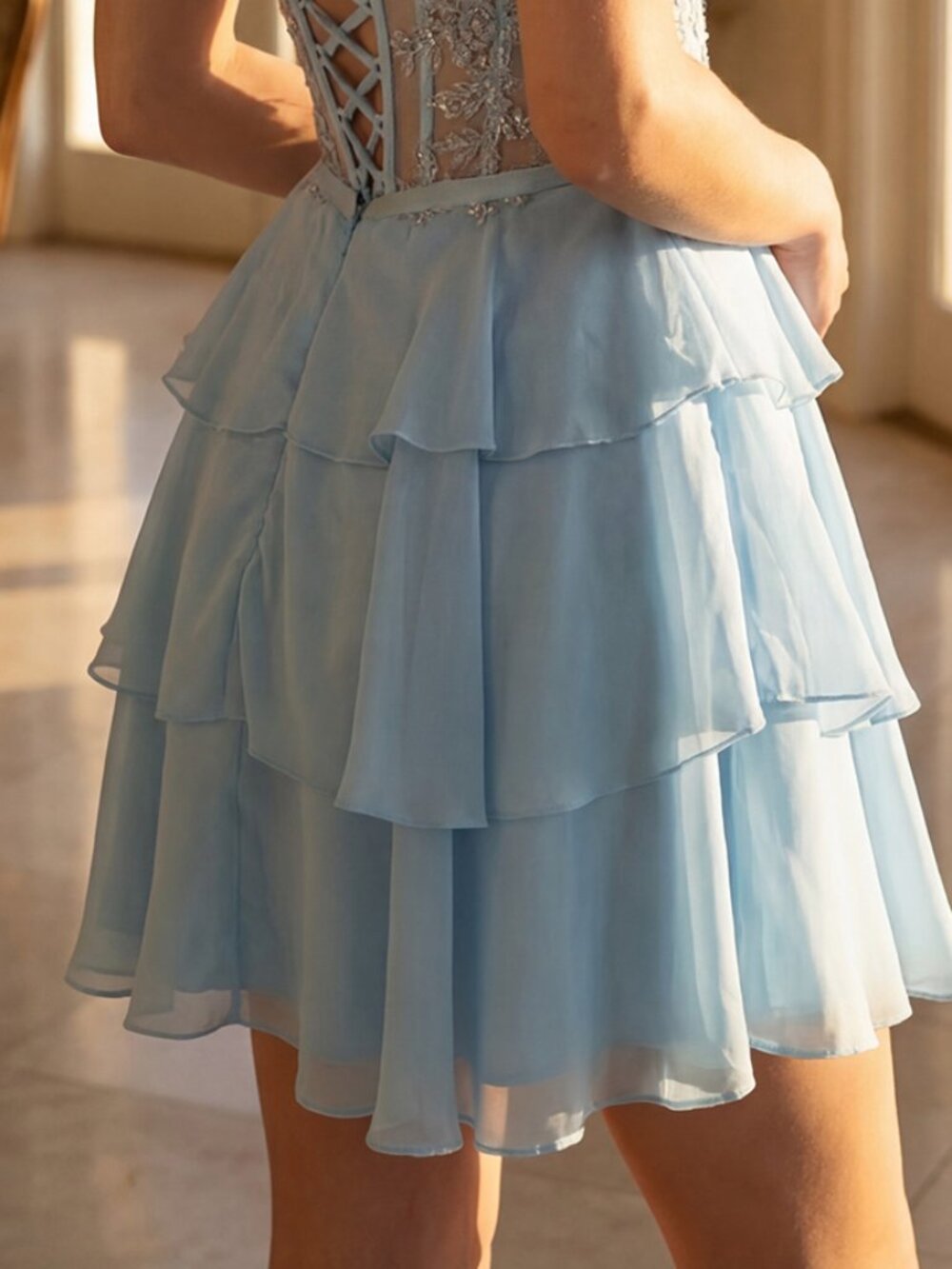 New Light Blue Mini A-Line Homecoming Gown w/ Floral Lace & Tiered Skirt JT7131G - Picture 8 of 8